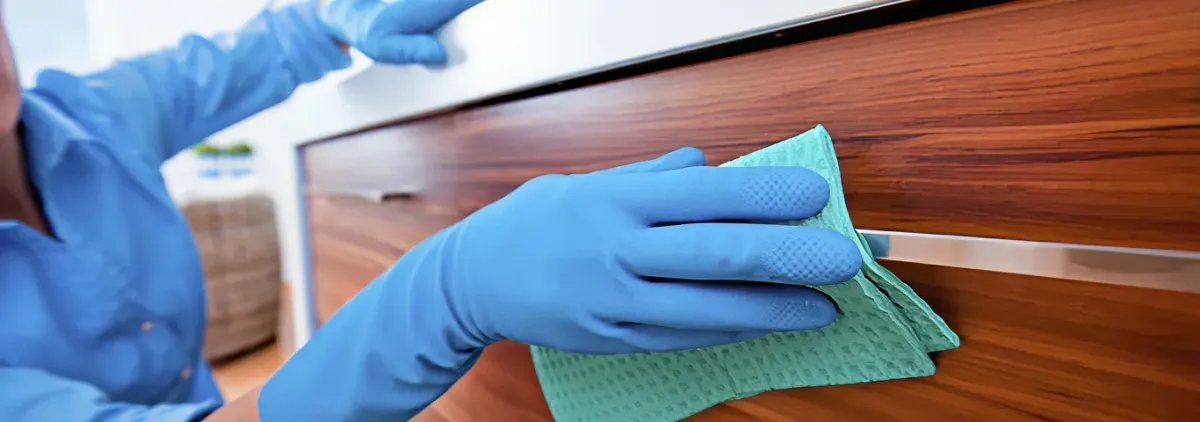Cleaner wearing blue gloves wiping a wooden cabinet drawer with a microfiber cloth for dust and grime removal, Boca Raton, FL.