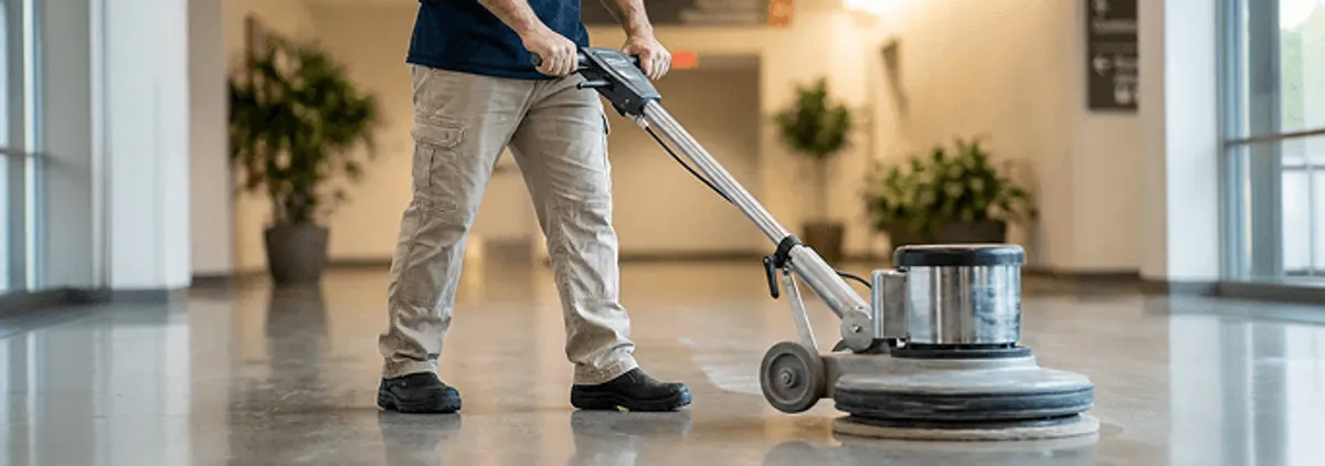 Professional technician using an industrial floor buffer to polish and maintain shiny commercial flooring in a corporate hallway in Boca Raton, FL.