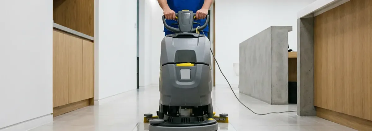 Janitorial staff using a floor scrubber machine to clean a commercial hallway, Boca Raton, FL.