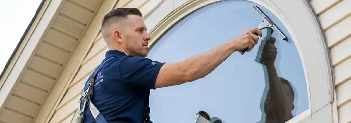 Professional window cleaner using a squeegee to clean an exterior arched window on a home, Boca Raton, FL.