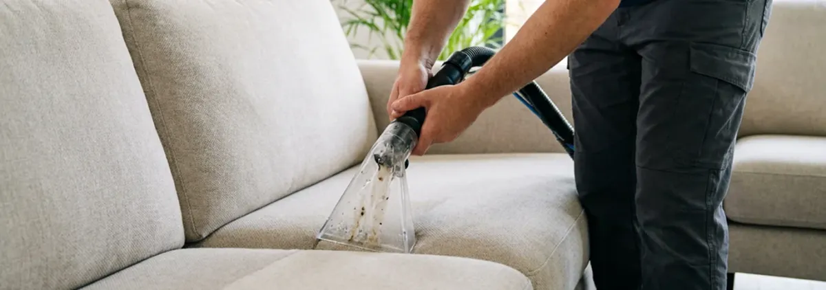 Technician extracting dirt and moisture from a fabric sofa with an upholstery cleaning wand, Boca Raton, FL.
