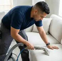 Professional upholstery cleaning technician using an extraction wand to deep-clean a fabric sofa, Boca Raton, FL.